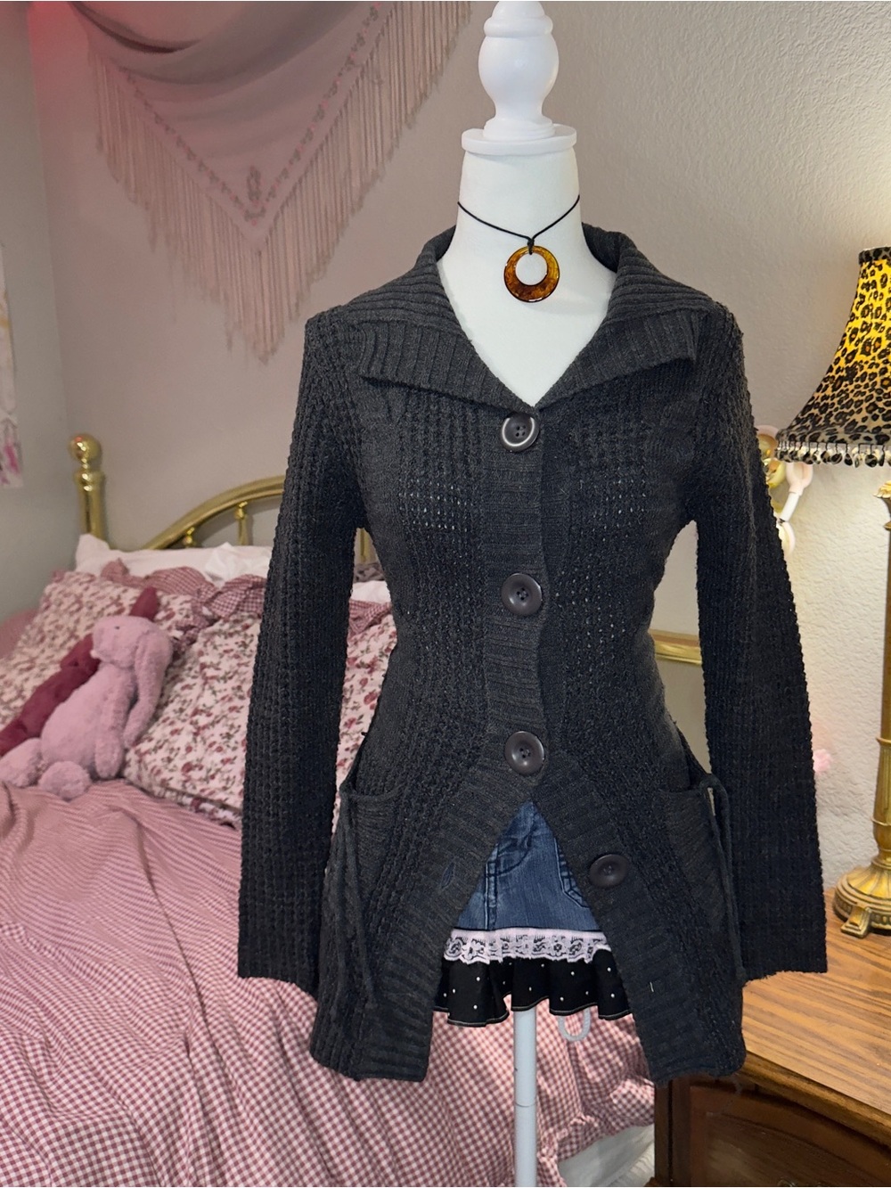 Vintage Dark Gray Button-Front Ribbed Cardigan Coat